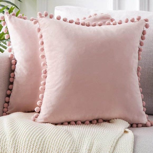 Set of 2 Petal Pink Soft Velvety Velour Pom Pom Blush Pillow Covers Pillows New - Picture 1 of 10